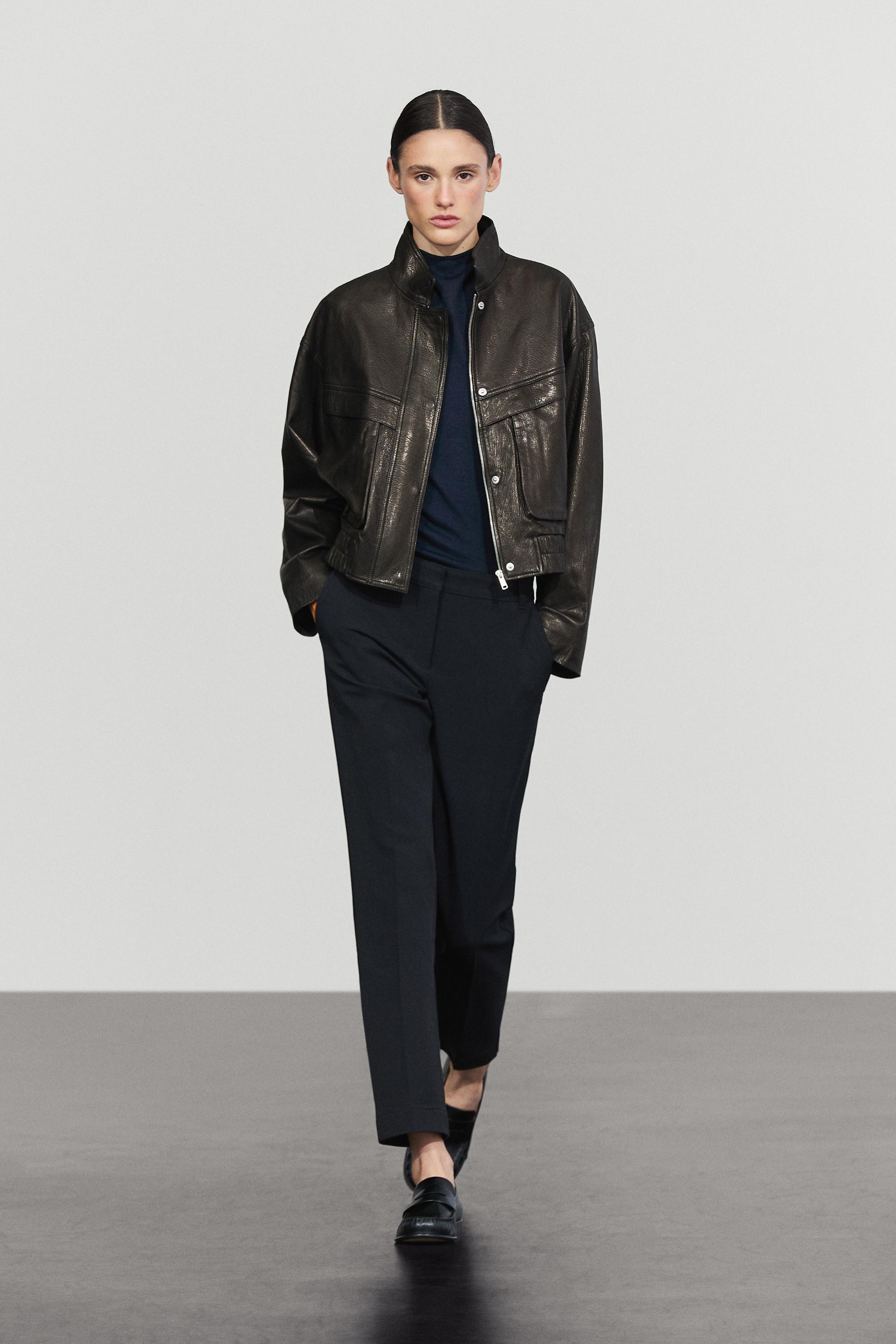 Cropped stand-collar nappa leather jacket